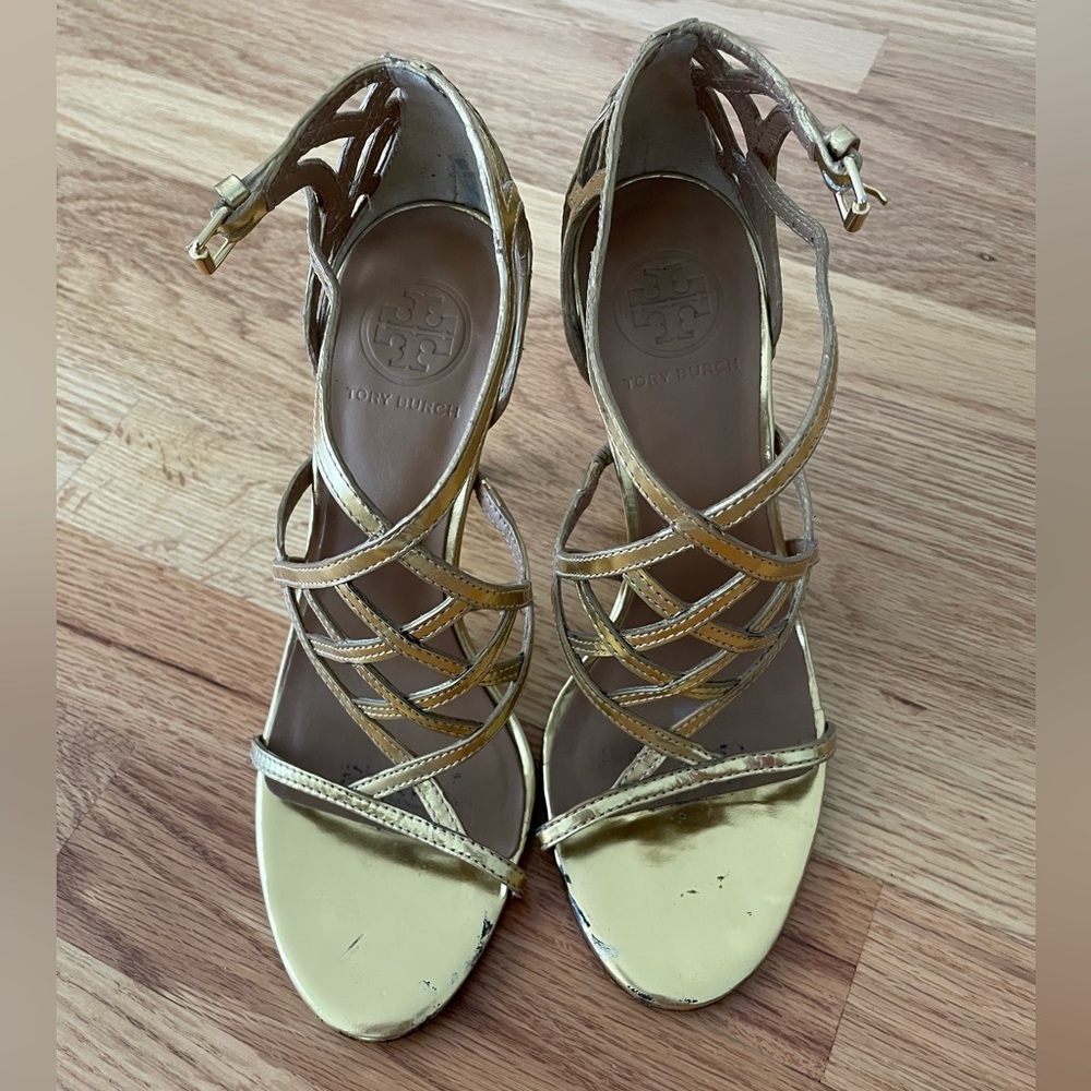Tory Burch Amalie Gold Leather Cage Sandal